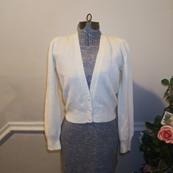 Vintage Sweaters - Vintage Late 70's - 80's Riki For Crazy Horse Cream Lambswool/Angora Cardigan